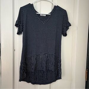 Cha Cha Vente Navy Striped Ruffle Sleeve Tee